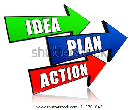idea, plan, action - words in 3d colorful arrows with text - stock 