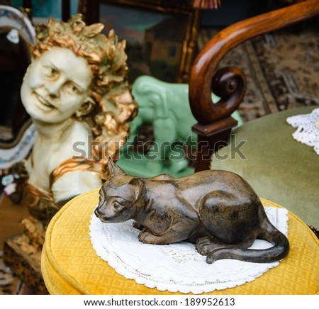Cat marble figurine, romantic bust of smiling young woman with golden ...
