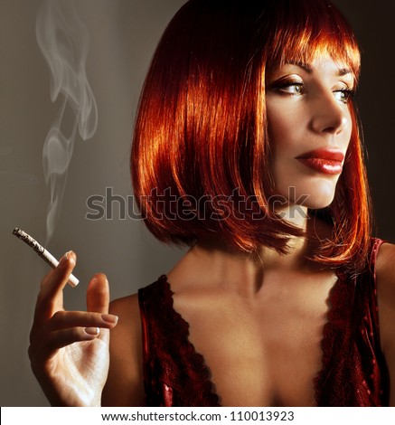 Getting a Bride &#8212; The Real Deal stock photo luxury close up portrait of attractive girl beautiful lady with fashionable red hairstyle smoke 110013923