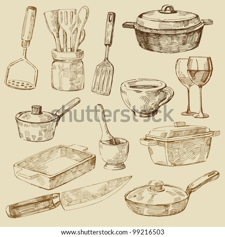 seamless pattern hand drawn kitchen - stock vector