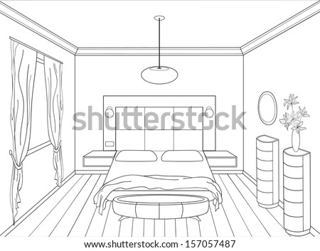 ... interior. Graphical hand drawing interior. Bedroom. - stock vector