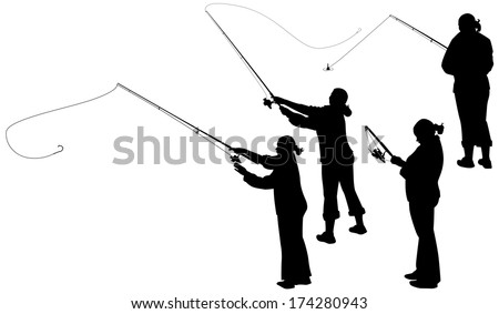 Download set of silhouettes of women with a fishing rod - stock vector