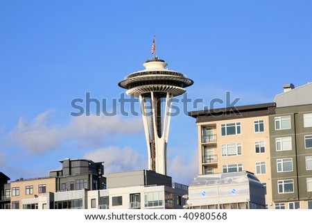 Downtown Seattle Washington at sunrise as seen from Elliot Bay - stock 