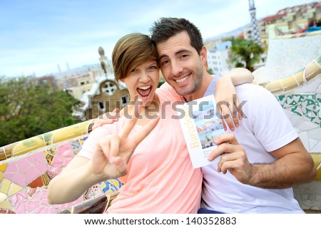 stock photo couple of travelers visiting guell park 140352883