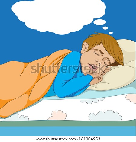 Hand drawn illustration of a kid in his bed sleeping and dreaming ...