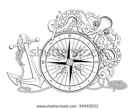 Vintage Compass Anchor Octopus Design Isolated Stock Vector 94443022
