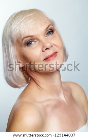 Portrait Nude Senior Woman Smiling Camera Stock Photo