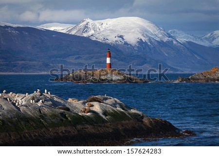 Lighthouse End of the world in the Beagle Channel, Ushuaia, Pata - stock photo