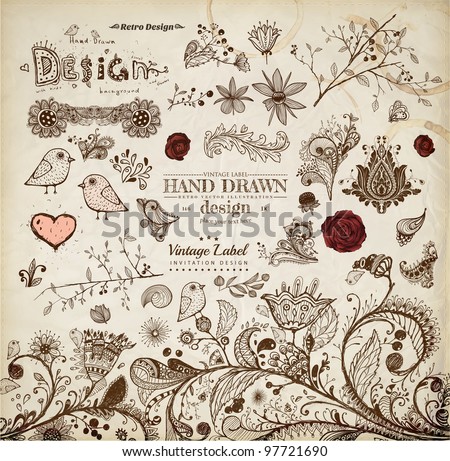 Logo Design Love Book on Download    Hand Drawn Floral Ornaments With Flowers And Birds   Love