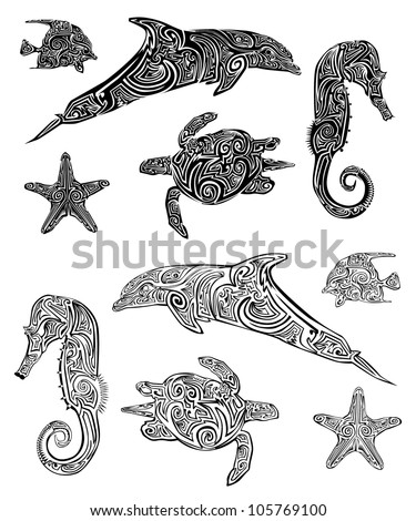Download Animal Pictures on Vector Download    Sea Animal Tribal Tattoo Set      Free Vector