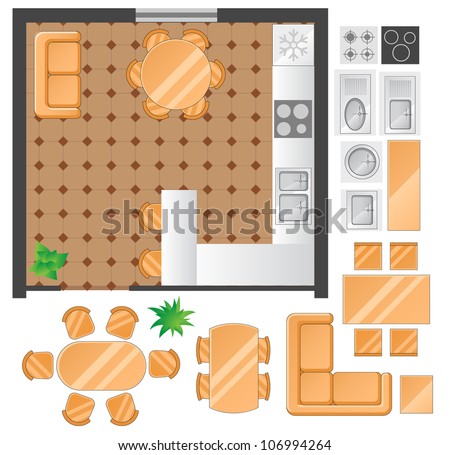 Kitchen Design Elevations on Flat Scheme With Furniture  View From Above  Kitchen And Dining Room