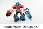 Small photo of Kuala Lumpur, Malaysia - June 6, 2015: Figure toy of Playskool Optimus Prime from the Autobots Rescue Bots cartoon. Optimus Prime is Autobots Transformers leader on Earth within Fire Station Prime