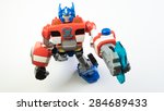 Small photo of Kuala Lumpur, Malaysia - June 6, 2015: Figure toy of Playskool Optimus Prime from the Autobots Rescue Bots cartoon. Optimus Prime is Autobots Transformers leader on Earth within Fire Station Prime