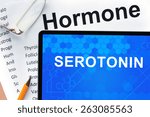 Small photo of Papers with hormones list and tablet with word serotonin .