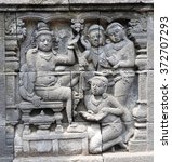 Small photo of bas-relief panel in the 9th century mahayana buddhist temple of borobodur, in magelang, java, indonesia