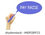 Small photo of Woman hand writing PAY RAISE word with a marker isolated on white.