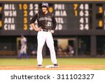 Small photo of DENVER-AUG 21: Colorado Rockies infielder Nolan Arenado stands on second base during a game against the New York Mets at Coors Field on August 21, 2015 in Denver, Colorado.