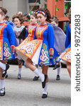 Small photo of SAN FRANCISCO, CA - MARCH 17: A group of unidentified girls with curly hair, dancing during the St. Patric's Day Parade, March 17, 2012 in San Francisco, CA