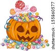 Illustration of a Jack-o'-Lantern Filled with Candies Gathered from Trick or Treating - stock vector