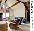 stock-photo-bright-big-living-room-with-vaulted-ceiling-and-beams-carpet- ...