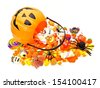 Halloween Jack o Lantern pail with spilling candy on white - stock photo