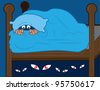 stock vector : Kid hiding in covers from monsters under the bed. Kid hiding in covers from monsters under the bed.
