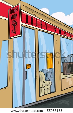 Thrift shop from the outside. Street view - stock vector