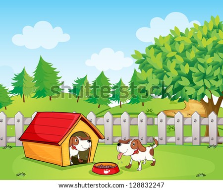 Illustration of two dogs inside the wooden fence - stock vector