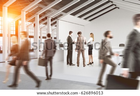 Side view of people passing by a house framed conference room with several white tables and black leather armchiars. 3d rendering, toned image