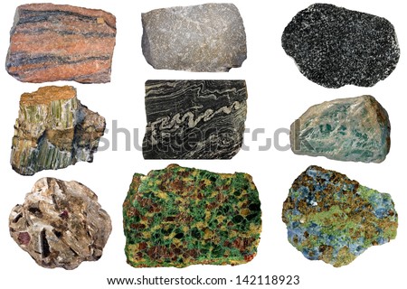 From upper left: marble, quartzite, amphibolite, serpentinite, gneiss ...