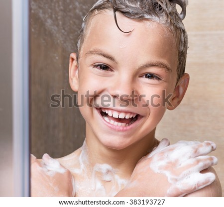 Cheerful Little Boy Bathroom Taking Shower Stock Photo 89485801 ...