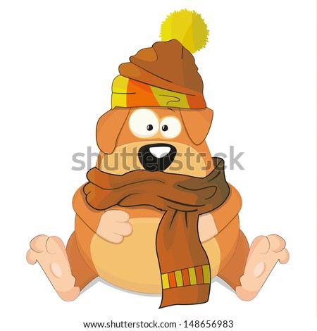 Nice cartoon vector dog with scarf and hat - stock vector