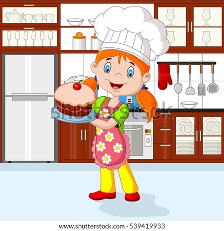 Cartoon Little Girl Cooking Cake Stock Vector 282517370 - Shutterstock