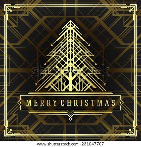 Christmas tree art deco style. Merry Christmas holidays wish greeting card and vintage ornament decoration