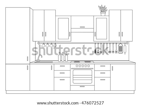 Architectural Linear Sketch Interior Small Kitchen Stock Vector ...