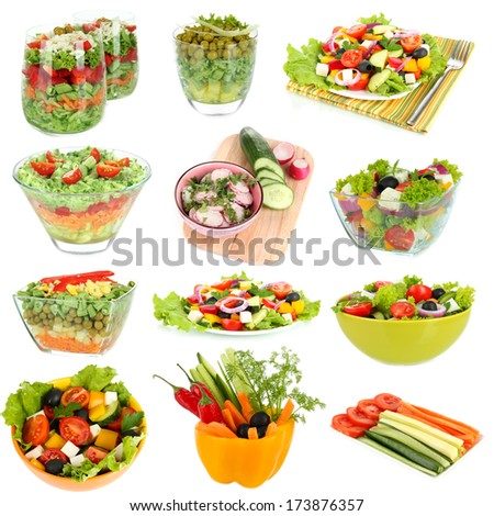 Collage of different salads isolated on white - stock photo