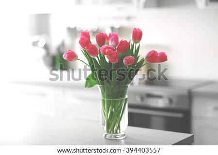 Red Pink Tulips Vase Blue Background Stock Photo 44553313 