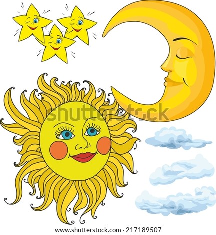 Sun Moon Stars Cartoon Style Stock Vector 72559072 - Shutterstock