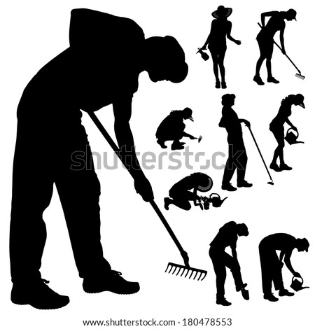 Vector silhouette of a gardener on white background. - stock vector