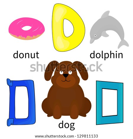 cartoon alphabet for kids, letter d and objects isolated on white ...
