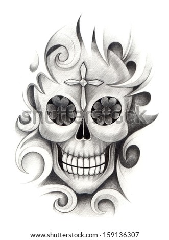 Skull Tattoo Hand Drawing On Paper Stock Illustration 151548230 ...