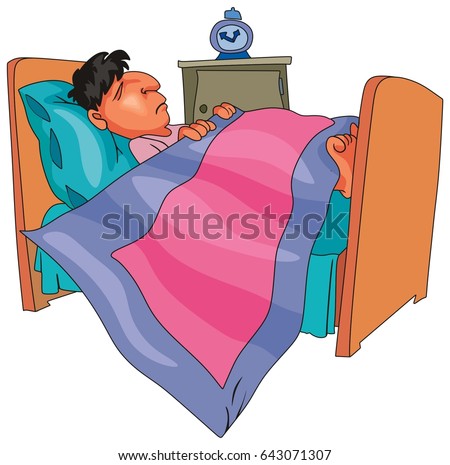 stock vector boy or man sleeping on his bed late night with pillow blanket and alarm clock cartoon 643071307