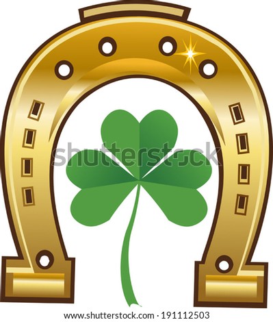 Golden horseshoe and four leaf clover - lucky symbol - stock vector