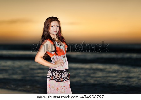 Beautiful Girl By The Beach During Sunset At Simpang Men Au Kudat Sabah Malaysia Wide Aperture