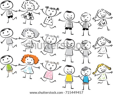 Ten Happy Cartoon Kids Black White Stock Vector 256760938 - Shutterstock