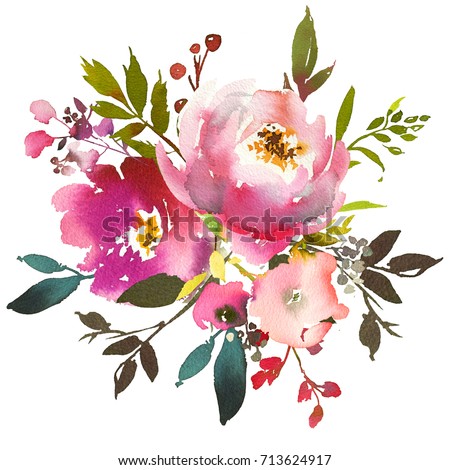 Watercolor Flowers Leaves Floral Bouquet Red Stock Illustration ...