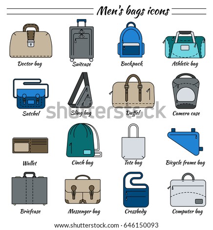 stock vector set of colorful pictures in linear style different types of men s bag backpack athletic 646150093