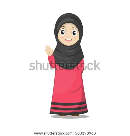 Cute Muslim Girl Cartoon Red Balloonvector Stock Vector 564812821 ...