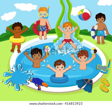 Kids Having Pool Party Happy Swimming Stock Vector 300497333 - Shutterstock