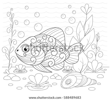 hand drawn decorative fish in the waves and with seaweed stress coloring page with high details